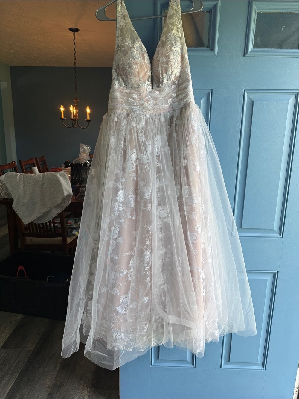 Sleeveless V-Neck Lace Tulle Prom Dress in White with Blush Lining